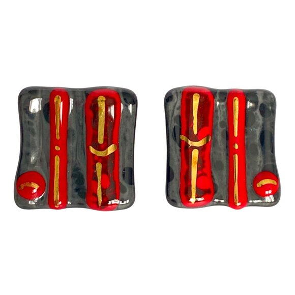 Abstract Geometric Fused Glass Gray Red Gold Black Lightweight Pierced Earrings - Picture 1 of 8
